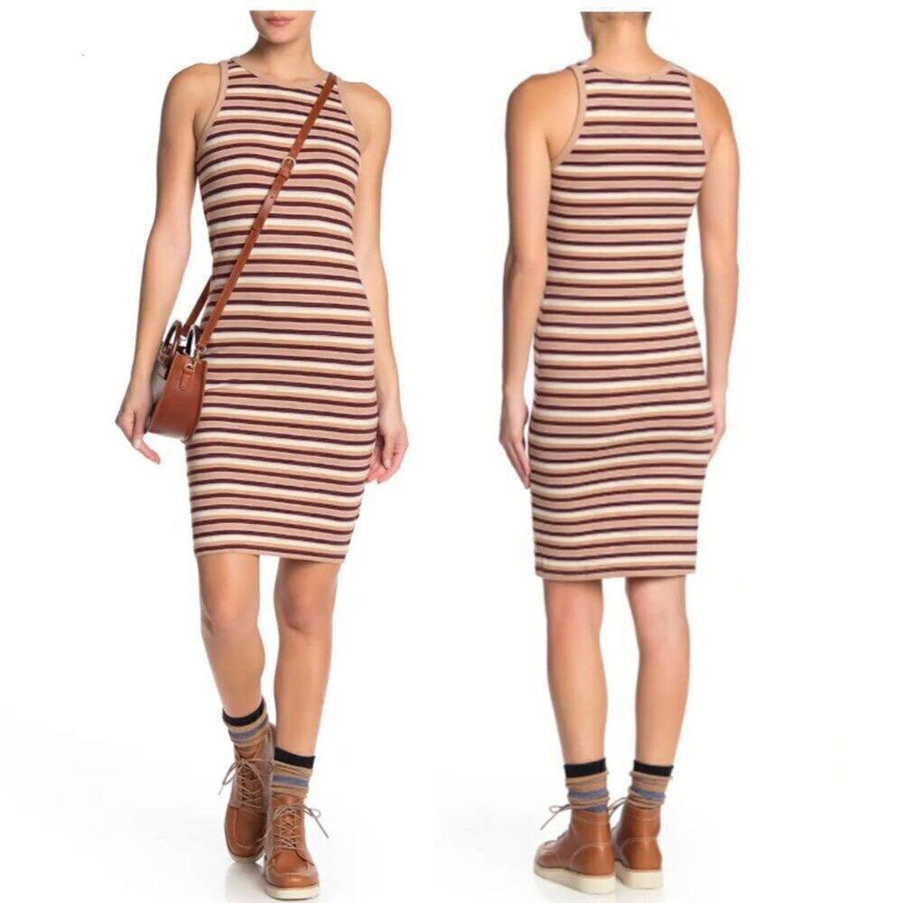 Cotton On Striped Bodycon Lena Mini Dress XS Brown Cream NWOT